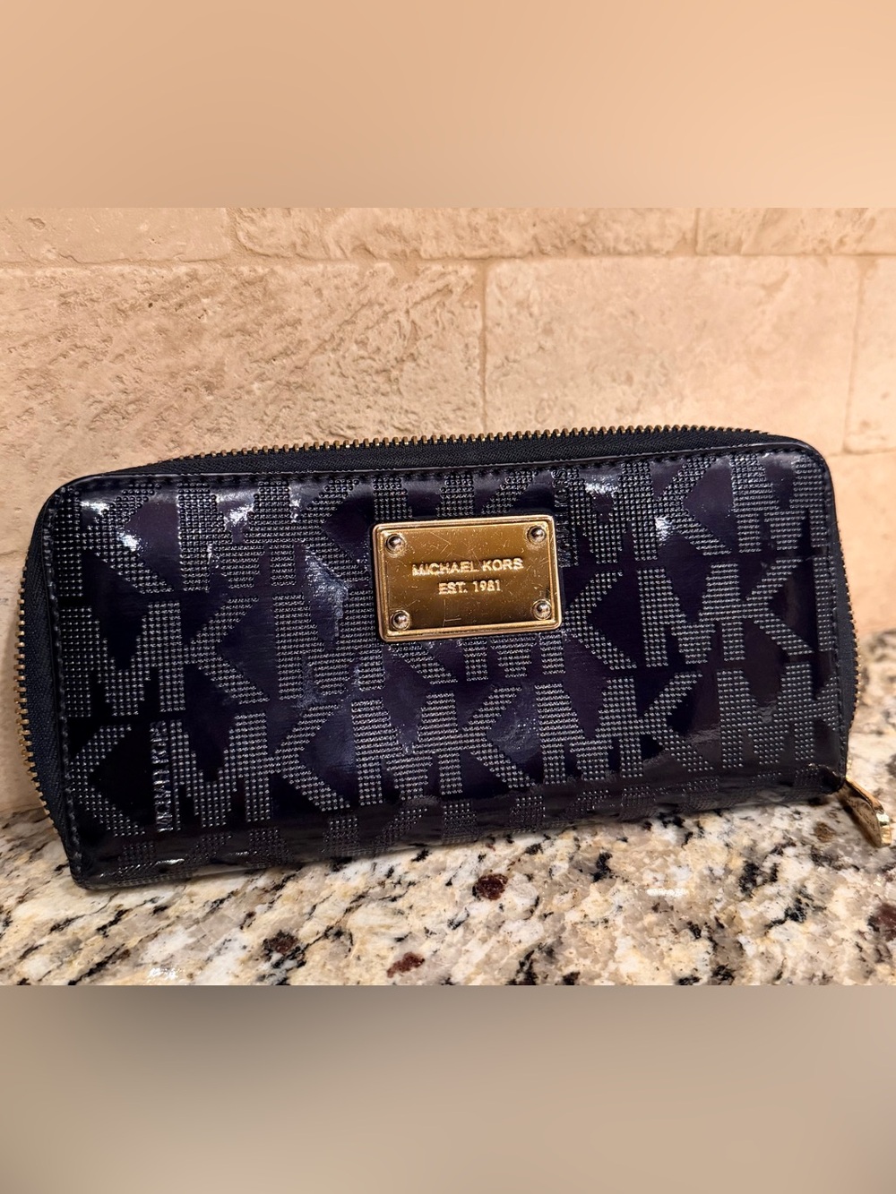 Michael Kors Black Monogram Zip Wallet Card Holder with Gold Plaque